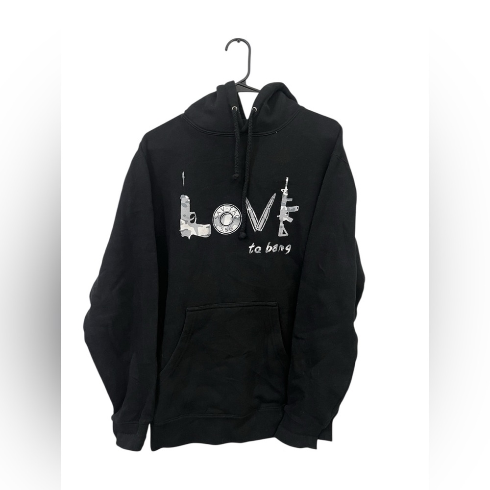 Black Graphic Pullover Hoodie “LOVE to Bang” Size Medium